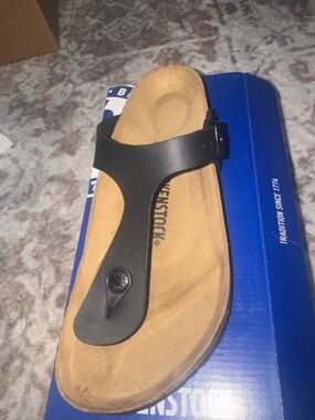 Birkenstock Black Suede Thong Sandal with Tan Footbed